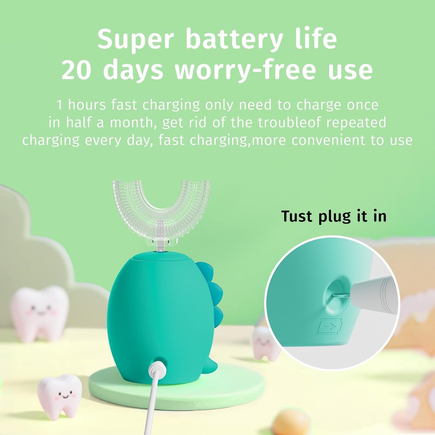 Kids U Shaped Electric Toothbrush,Auto Sonic Baby Toothbrush,Cartoon Dinosaur 360-Degree Cleaning IPX7 Waterproof Design(2-7Y)