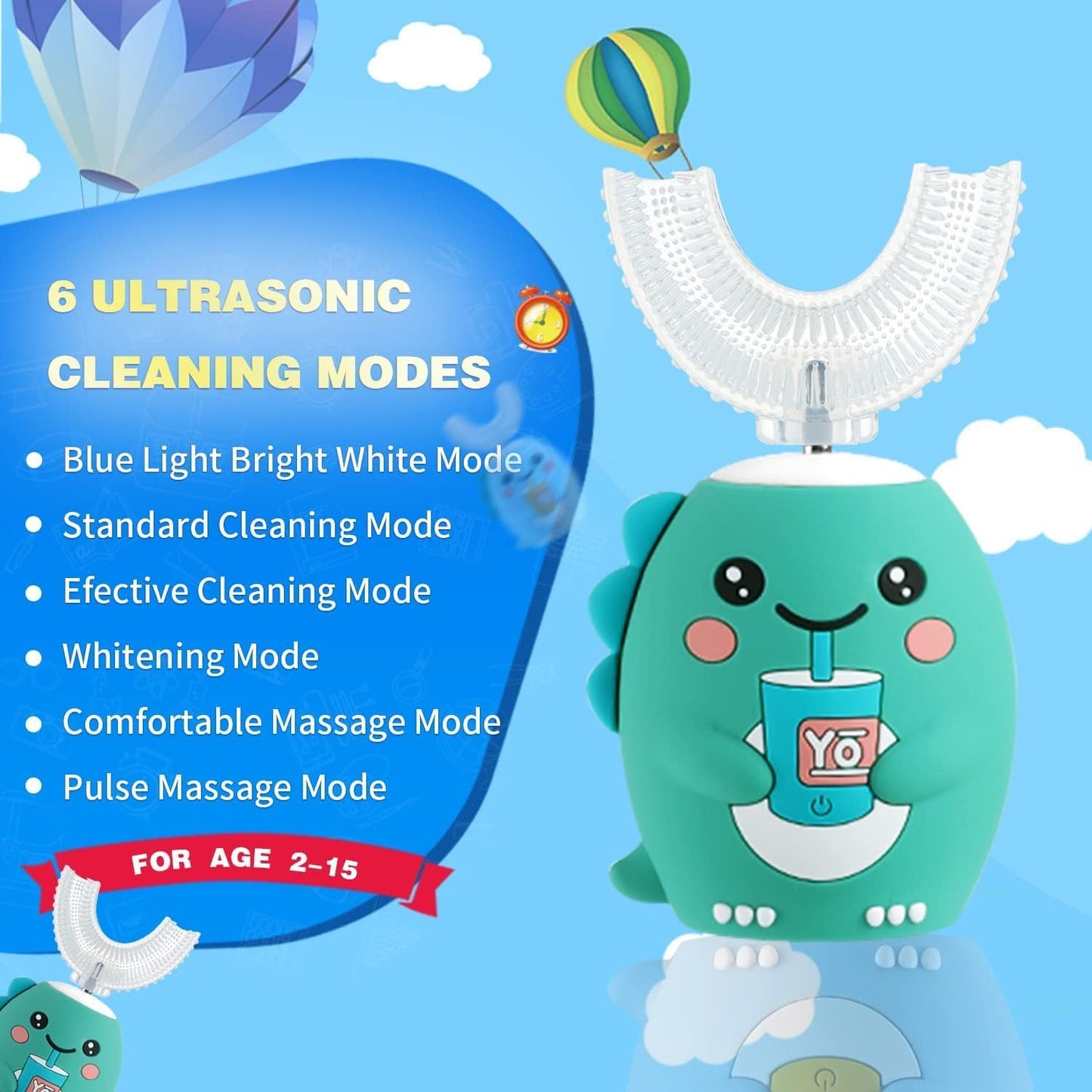 Kids U Shaped Electric Toothbrush,Auto Sonic Baby Toothbrush,Cartoon Dinosaur 360-Degree Cleaning IPX7 Waterproof Design(2-7Y)