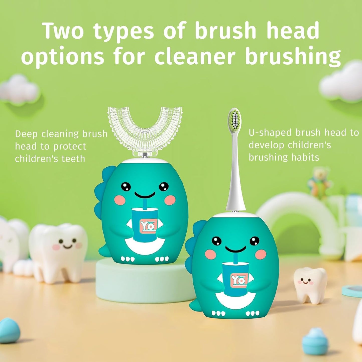 Kids U Shaped Electric Toothbrush,Auto Sonic Baby Toothbrush,Cartoon Dinosaur 360-Degree Cleaning IPX7 Waterproof Design(2-7Y)