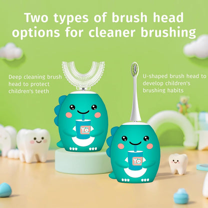 Kids U Shaped Electric Toothbrush，Auto Sonic Baby Toothbrush，Cartoon Dinosaur 360-Degree Cleaning IPX7 Waterproof Design（2-7Y）